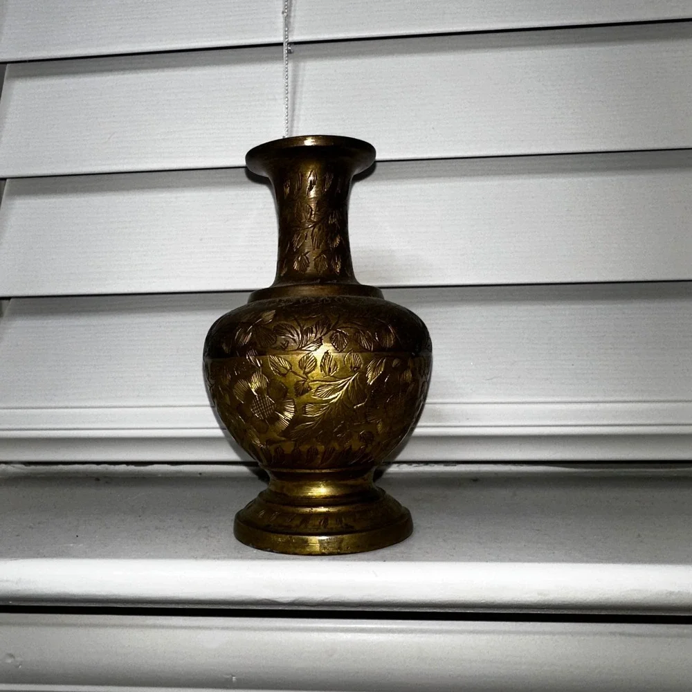 Vintage Hand Etched Brass Floral Bud Vase Gold Tone Antique Style Rustic Charm